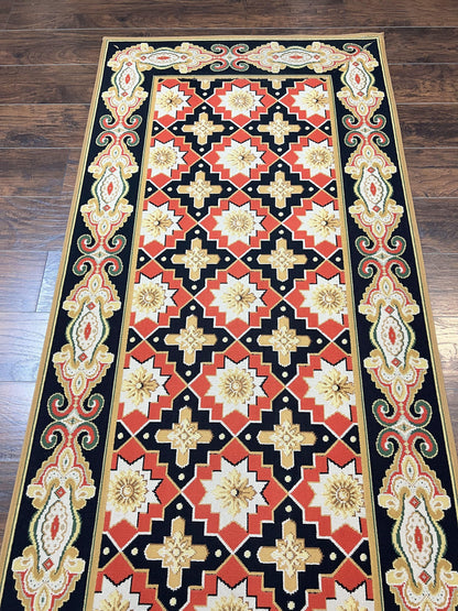 Vintage Runner Rug 3.5 x 14, Long Runner Rug, Stark Custom Made Carpet, European Design, Red Black Ivory Tan, Long Rug for Hallway