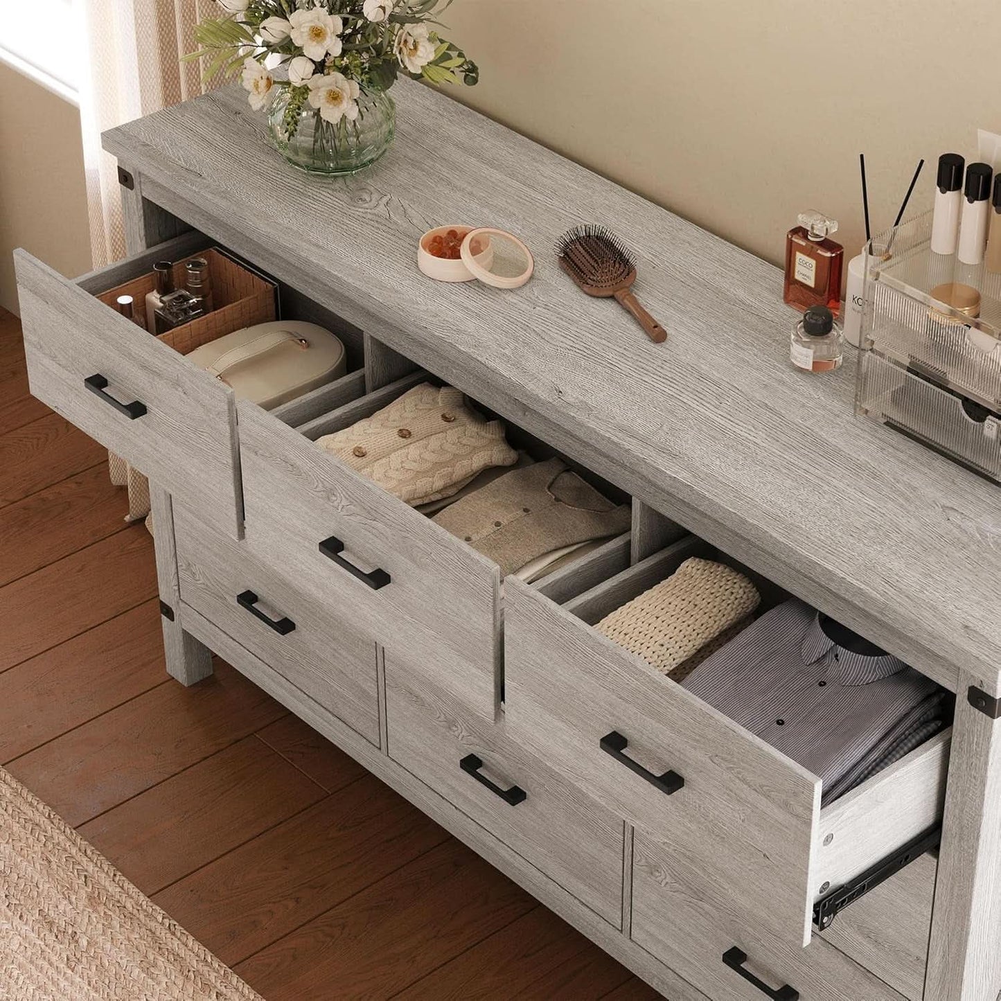 59 Inch Washed Grey Modern Farmhouse DresserWithNineDrawers