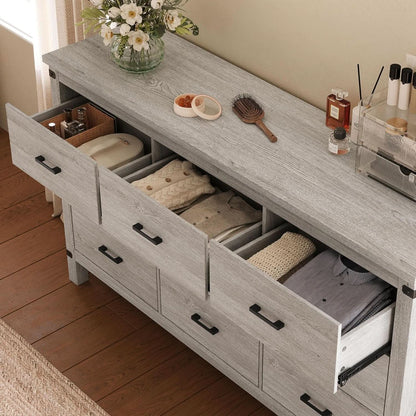 59 Inch Washed Grey Modern Farmhouse DresserWithNineDrawers