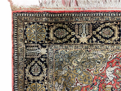 Persian Qum Silk Rug 3.8 x 5.6, Silk on Silk, Animal Pictorials, Fine 330 KPSI