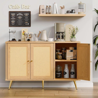 Natural Finish Buffet Cabinet Pair With Rattan Doors