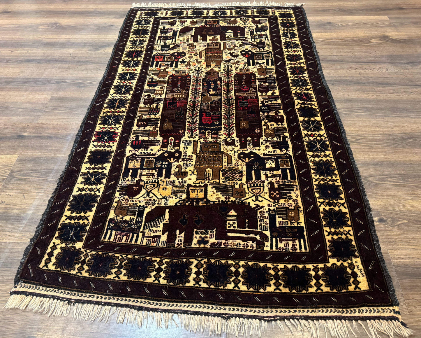 Persian Baluch Tribal Rug 4x6, Human and Bird Pictorials, Vintage, Wool, Collectible