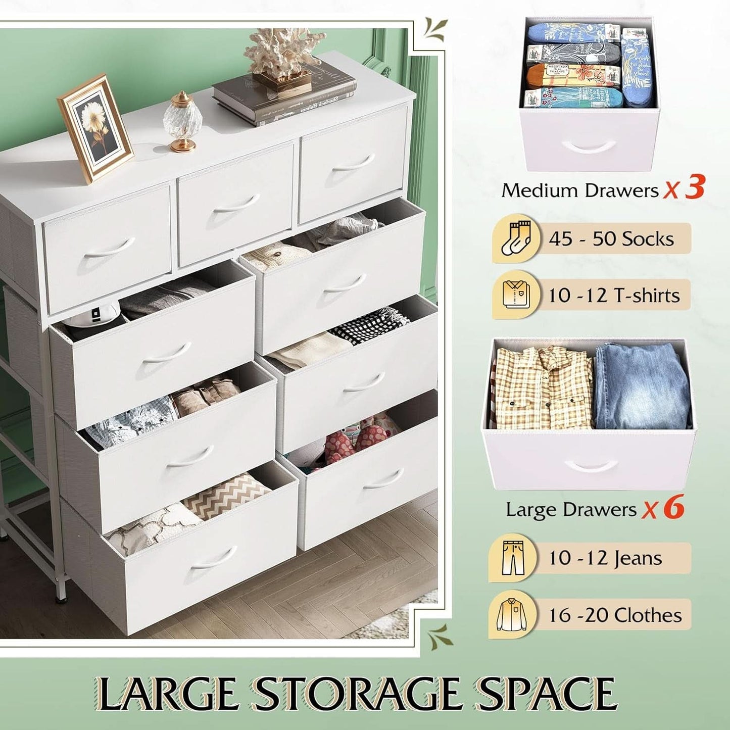 9 Drawer Fabric Dresser White With Steel Frame And Wood Top