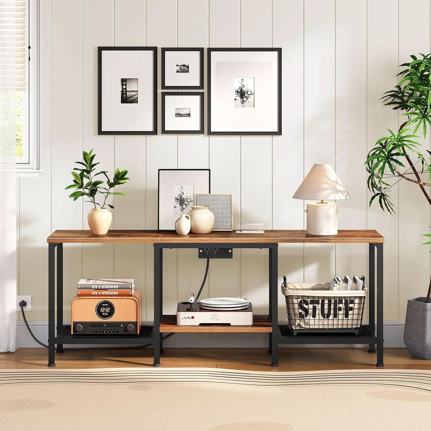 Rustic Brown And Black LED TV Stand With Charging Station Up To 55 Inches