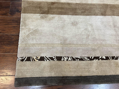 Modern Tibetan Nepali Rug 8x12, Stripe Pattern, Wool with Silk Highlights, Handmade, Beige Tan Brown