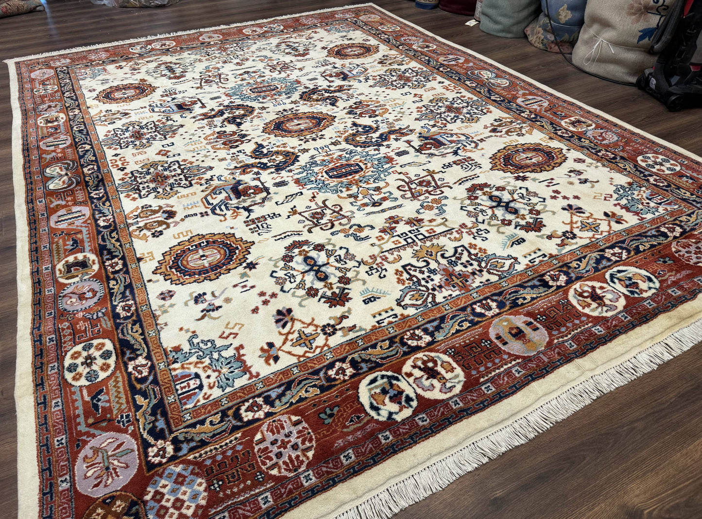 Indo Chinese Wool Rug 9x12, Ivory and Rust Red, Dragon Motifs