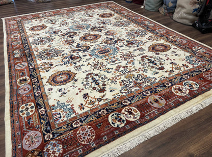 Indo Chinese Wool Rug 9x12, Ivory and Rust Red, Dragon Motifs