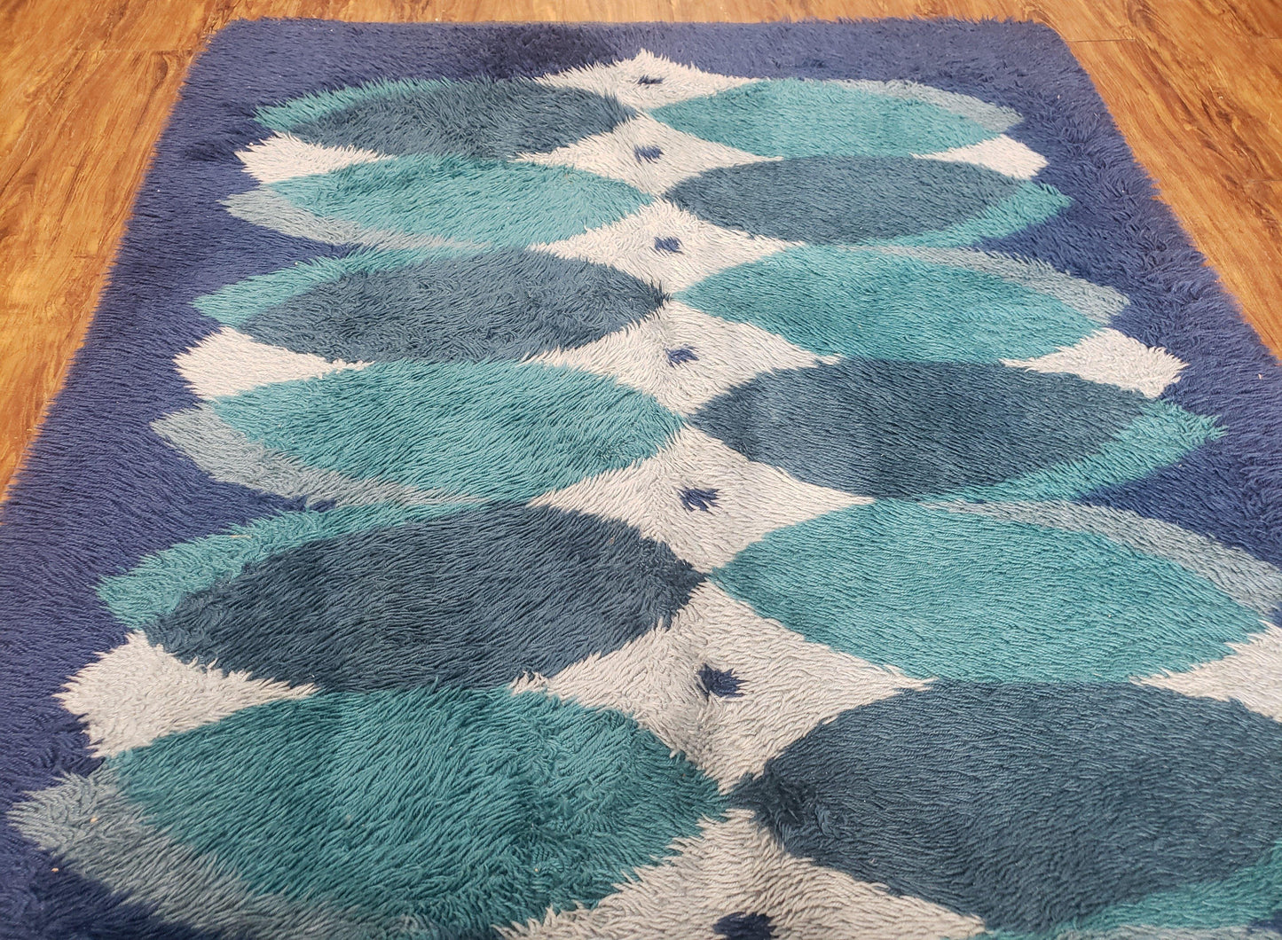 Blue Rya Rug, 1960s Mid-Century Danish Shag Rug 4'6" x 6'7", Ege Rya Modern Carpet, Cyan DeLuxe Rya Shag Rug, Vintage Area Rug 4x6, 5x7 Rug