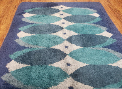 Blue Rya Rug, 1960s Mid-Century Danish Shag Rug 4'6" x 6'7", Ege Rya Modern Carpet, Cyan DeLuxe Rya Shag Rug, Vintage Area Rug 4x6, 5x7 Rug
