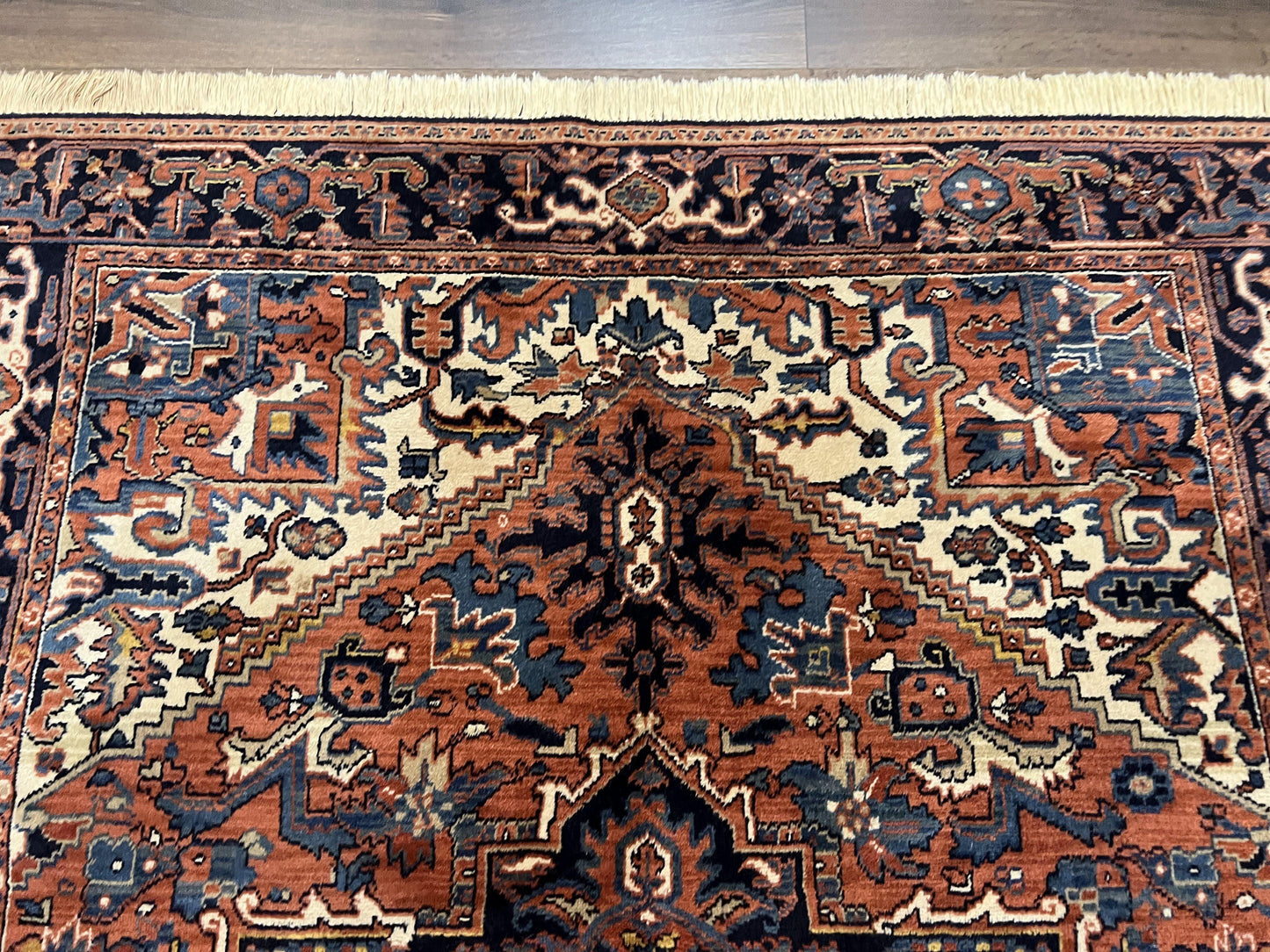 Heriz Rug 5.6 x 8, Geometric Medallion, Wool Oriental Carpet, Tribal Boho Rug, Red Navy Blue Cream, Belgium Power Loomed Rug, Medium Sized