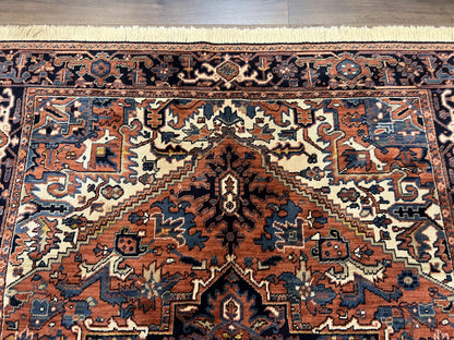 Heriz Rug 5.6 x 8, Geometric Medallion, Wool Oriental Carpet, Tribal Boho Rug, Red Navy Blue Cream, Belgium Power Loomed Rug, Medium Sized