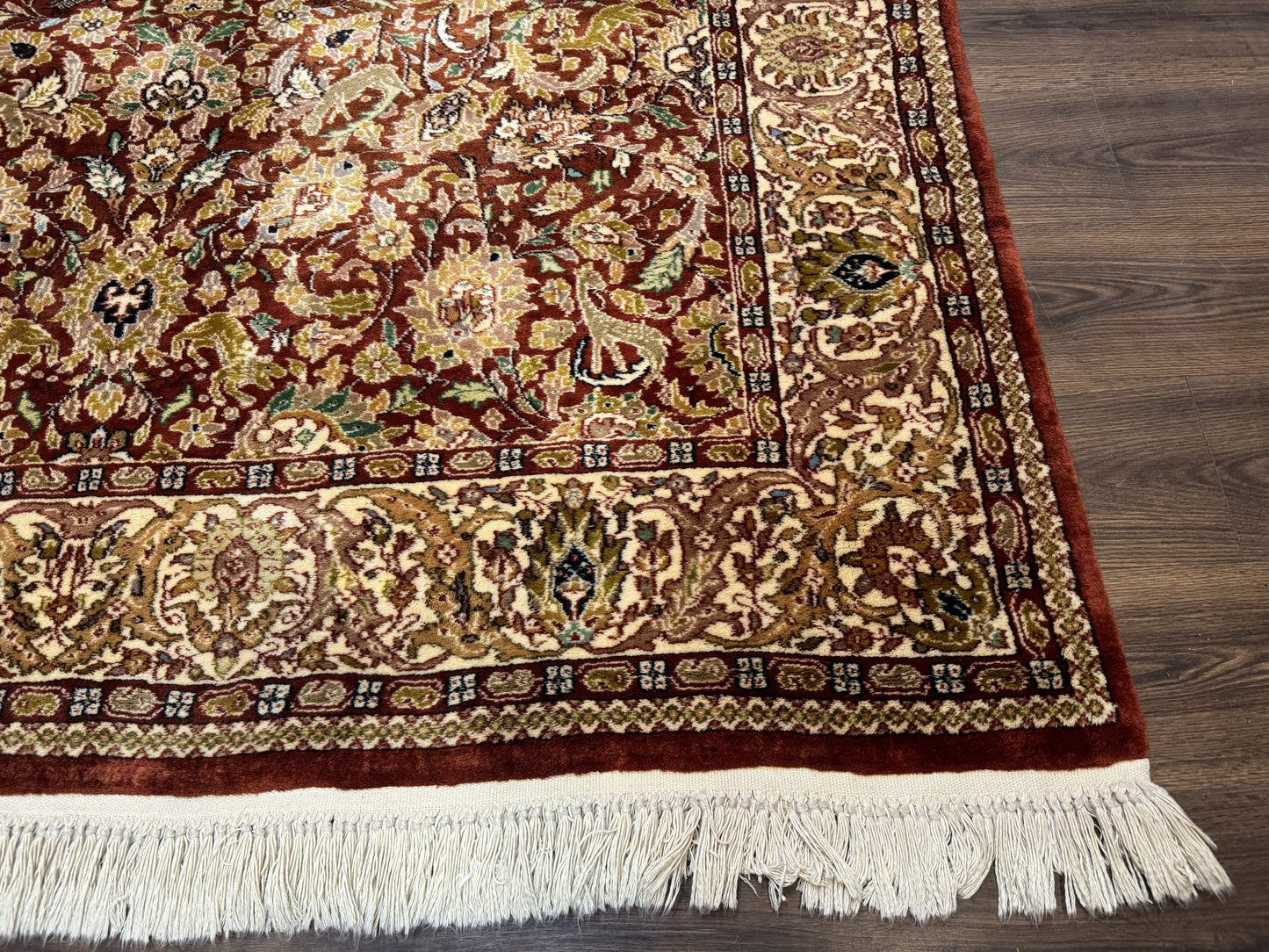 Tree of Life Indian Kashmiri Rug 6x9, Rust Red and Cream, Animal Pictorials, Fine 290 KPSI