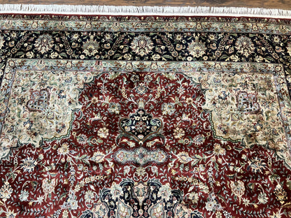 Pak Persian Rug 8x10, Wool Hand Knotted Vintage Carpet, Dark Red & Navy Blue, Dome Design Floral Medallion Rug, 8 x 10 Oriental Rug