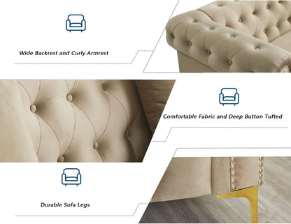 Three Piece Living Room Set Mid Century Sofa Armchair Loveseat Beige With Button Tufting And Nailhead Trim