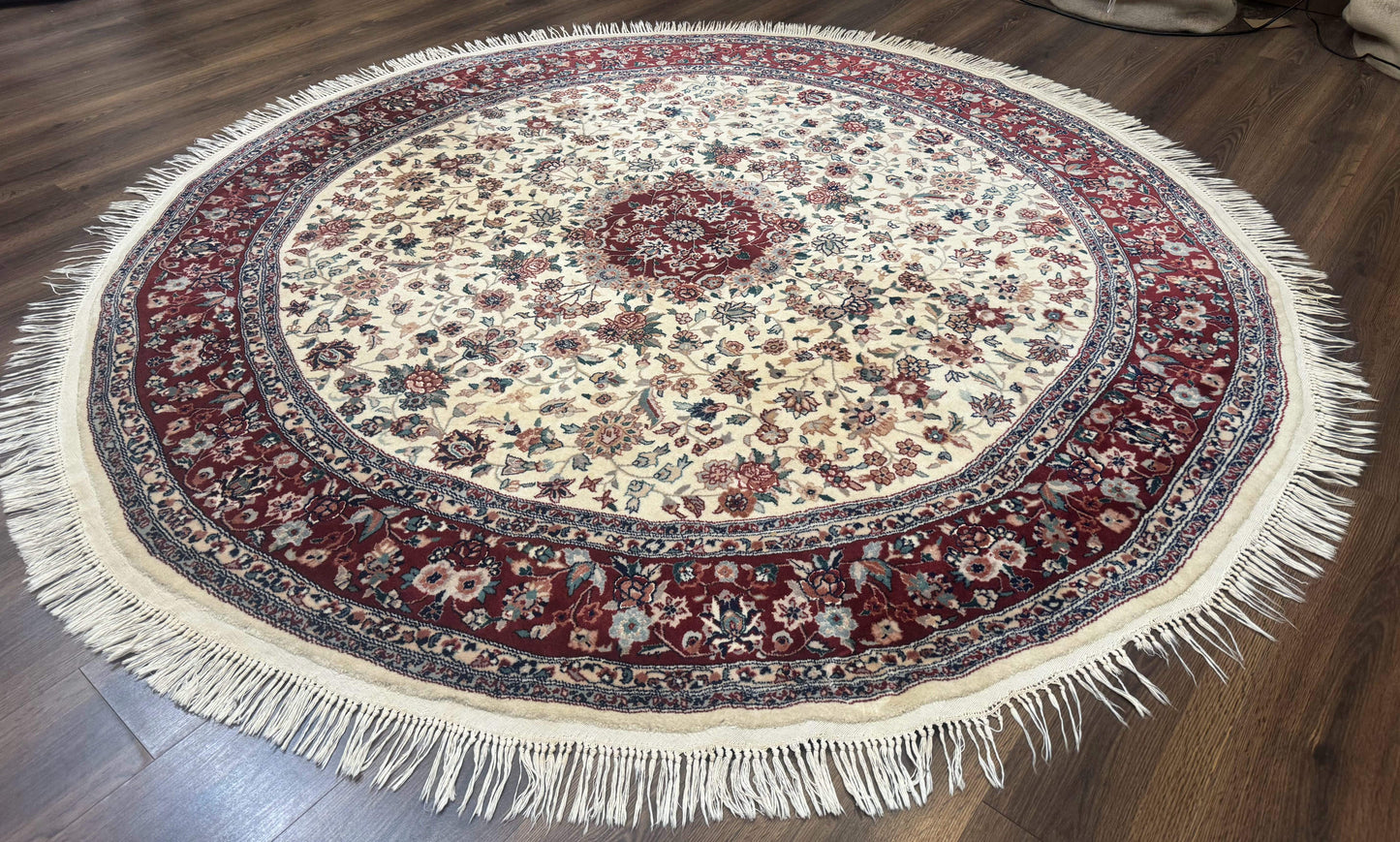Round Sino Persian Rug 8x8, Wool and Silk, Floral Medallion, Ivory Dark Red