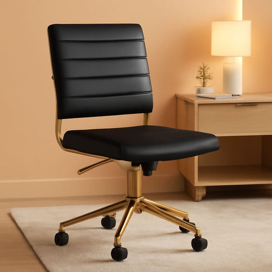 Armless Swivel Task Chair Black Faux Leather Brass Frame