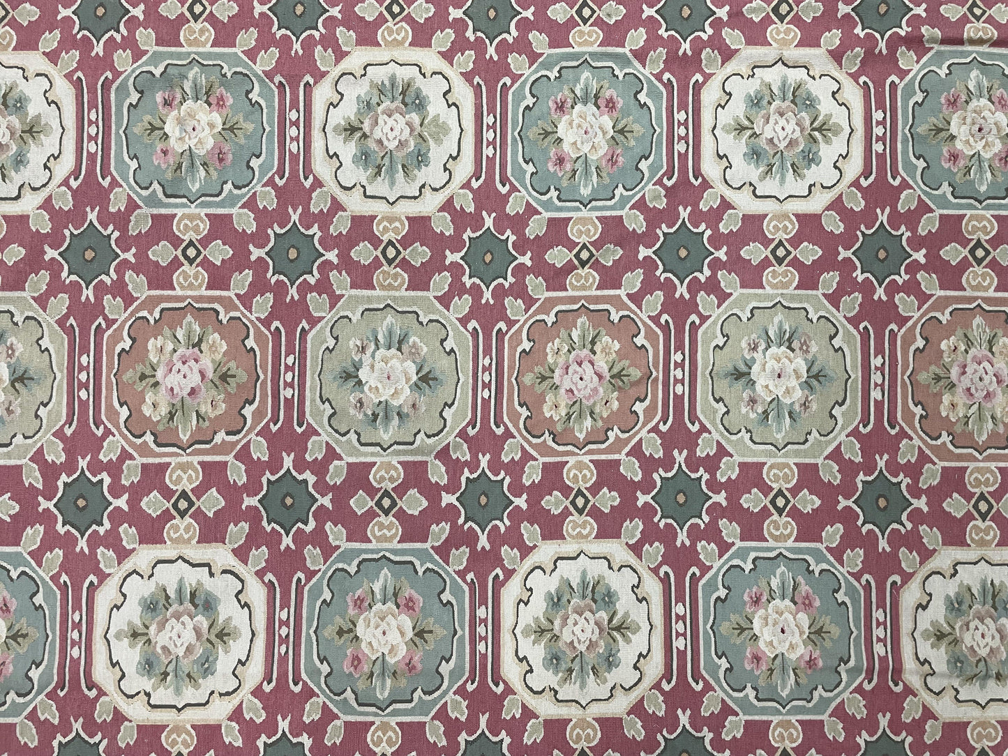 9x9 Square Rug Hand Knotted, Needlepoint Aubusson Carpet, Blush Red, Beige, Green, New, Mint Condition Area Rug, English European Design