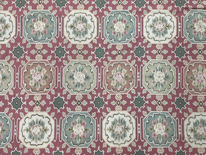 9x9 Square Rug Hand Knotted, Needlepoint Aubusson Carpet, Blush Red, Beige, Green, New, Mint Condition Area Rug, English European Design