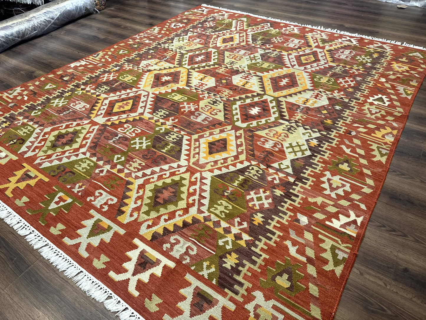 Turkish Kilim Rug 8x10, Geometric Design, Large Kilim Carpet