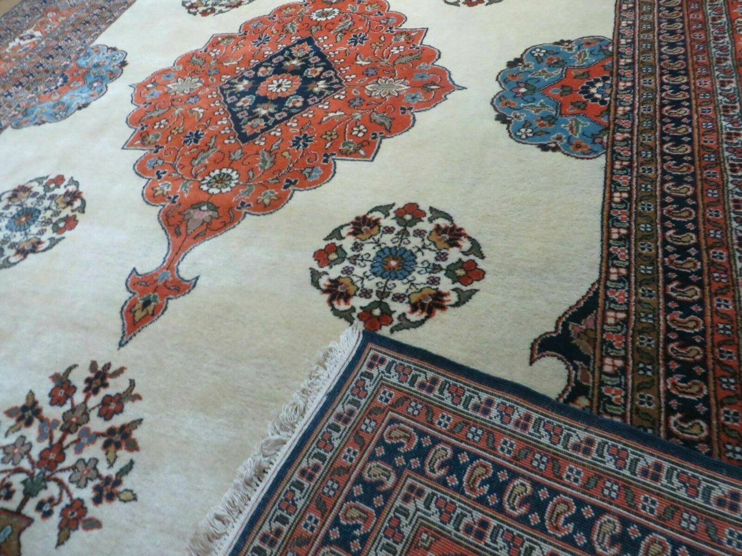 Indo Persian Rug 9x12, Semi Open Field Medallion, Ivory Tomato Red Navy Blue, Hand Knotted Indian Oriental Wool Carpet 9 x 12 ft, Room Sized
