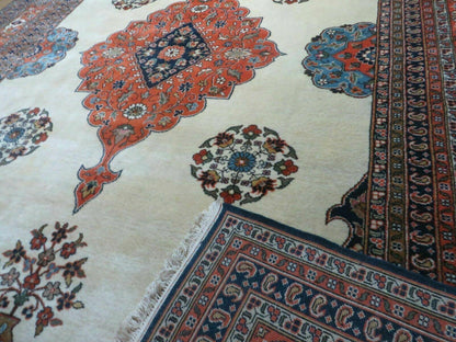 Indo Persian Rug 9x12, Semi Open Field Medallion, Ivory Tomato Red Navy Blue, Hand Knotted Indian Oriental Wool Carpet 9 x 12 ft, Room Sized