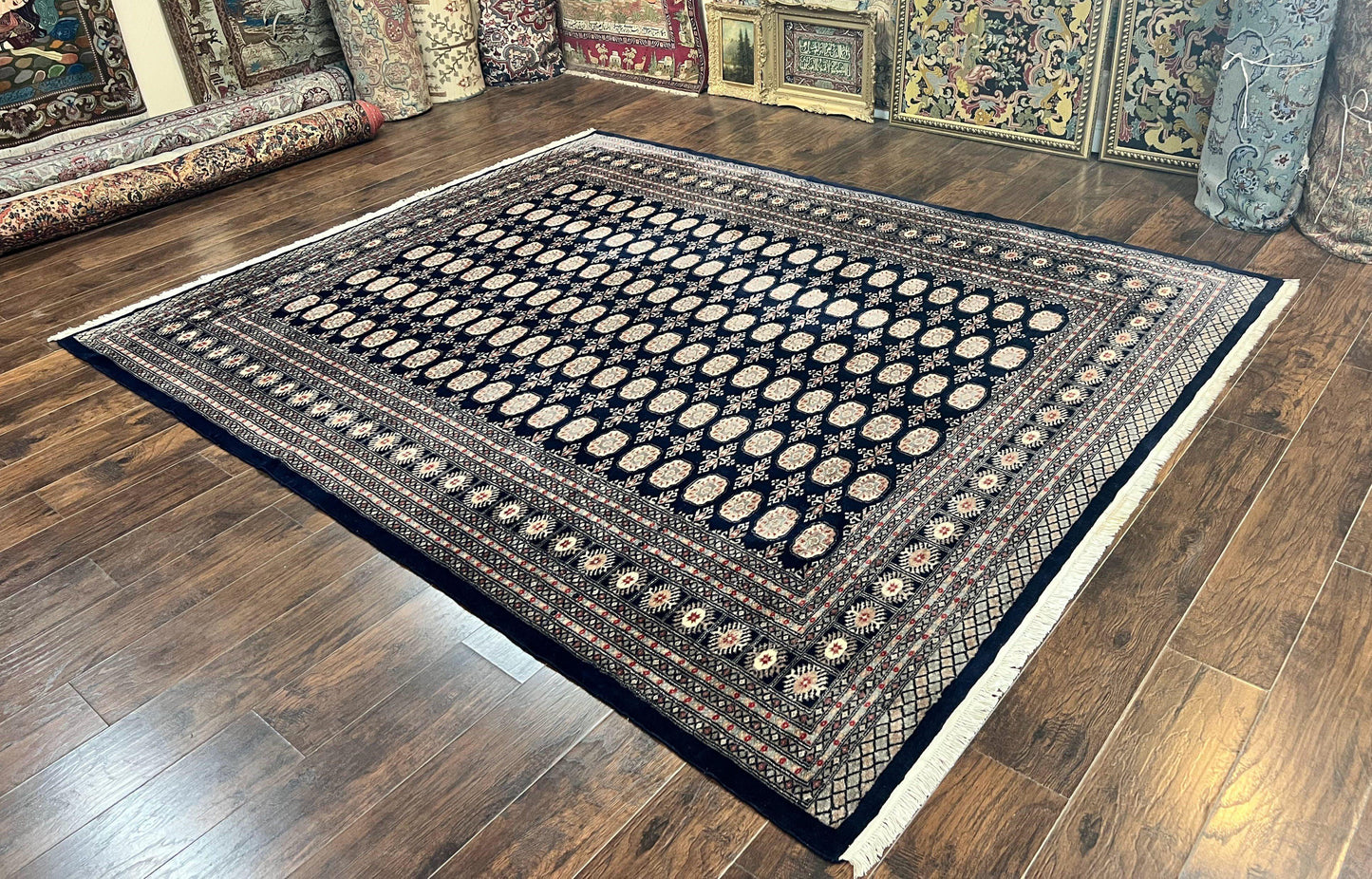 Pakistani Bokhara Rug 8x10, Turkoman Carpet, Dark Blue and Beige, Vintage Handmade Wool Carpet