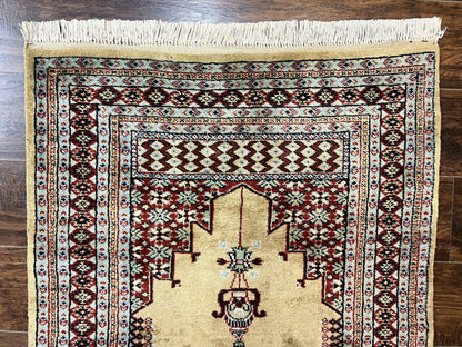 Bokhara Prayer Rug 3x5, Pakistani Turkoman Carpet, Tan, Handmade Vintage Wool Carpet