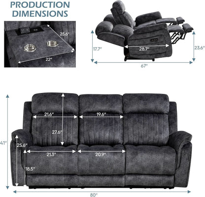 Grey Power Reclining Sofa With Zero Gravity USB Ports