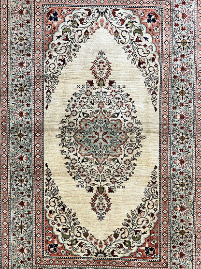 Silk Turkish Kayseri Rug 2x3, Very Finely Hand Knotted, Semi Open Field, Vintage, Silk Pile on Silk Foundation, 300 KPSI