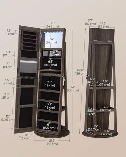 Ash Brown Lockable LED Full Length Mirror Jewelry Cabinet