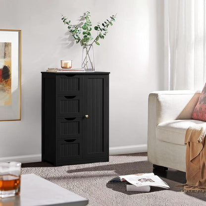 Wooden Bathroom Floor Storage Cabinet With 4 Drawers And Cupboard Freestanding