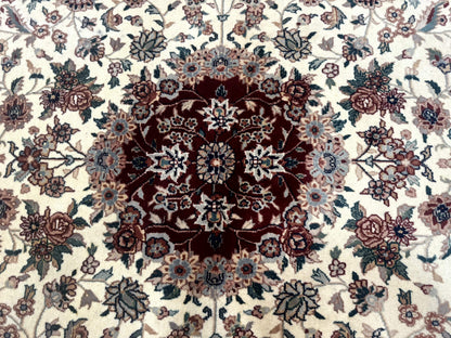 Round Sino Persian Rug 8x8, Wool and Silk, Floral Medallion, Ivory Dark Red