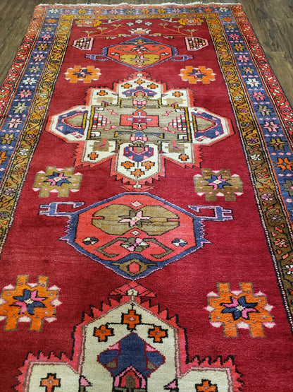 Antique Persian Karajeh Runner Rug 4.4 x 11 ft, Red Colorful Geometric Medallion Runner