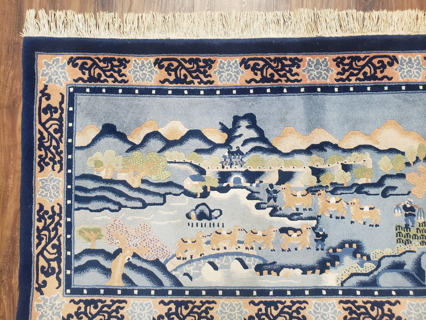 Vintage Chinese Pictorial Rug 2'4" x 4' 7", Chinese Village, Wool Hand-Knotted Blue & Teal Fine Carpet, Tapestry Rug, Woven Wall Art