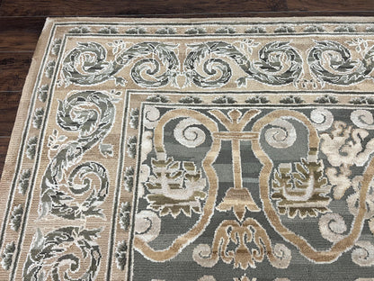 Spanish Rug 11x14, Wool Hand Knotted Vintage Carpet, Olive Green and Beige, Floral Allover, European Design, 11 x 14 Rug