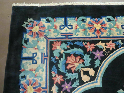 8' x 10' Vintage Handmade Art Deco Plush Chinese Wool Rug center Flower Black