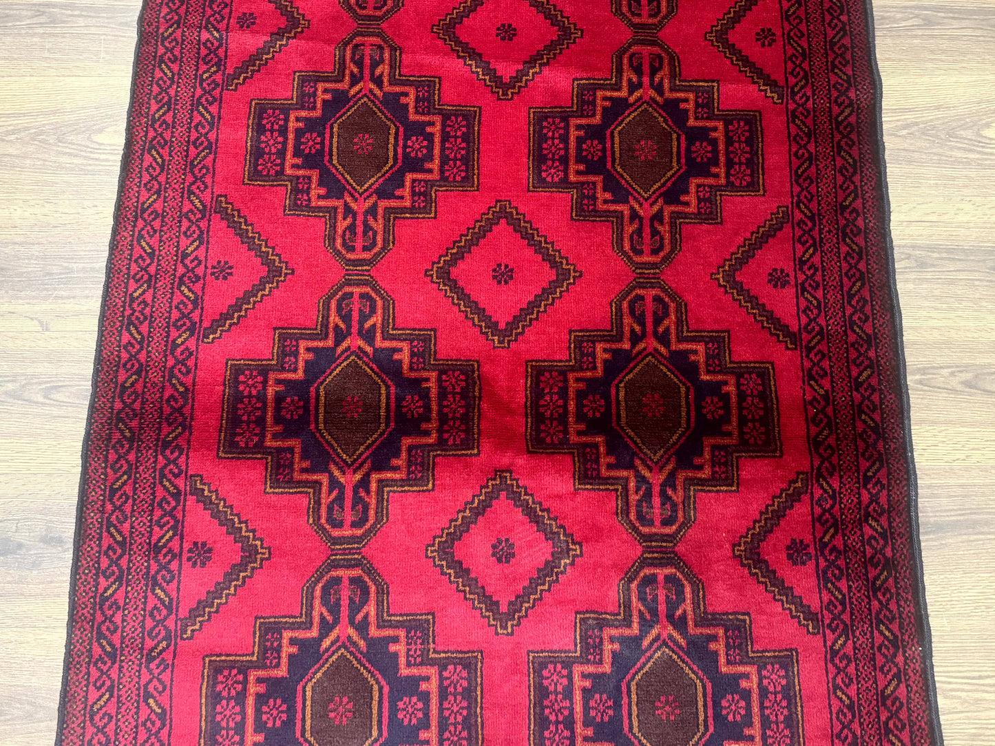 Afghan Rug 4x7, Tribal Carpet, Balouch Rug, Red and Navy Blue, Repeated Medallions, New