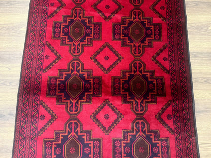 Afghan Rug 4x7, Tribal Carpet, Balouch Rug, Red and Navy Blue, Repeated Medallions, New