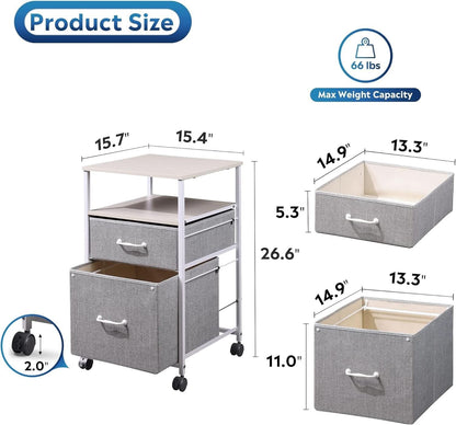 2 Drawer Mobile File Cabinet Rolling Printer Stand With Open Storage Shelf Light Grey