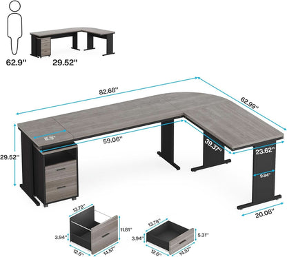 83 Inch L Shaped Desk With Gray Three Drawer File Cabinet