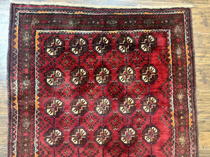 Persian Turkoman Tribal Rug 4x8, Handmade Vintage Wool Carpet, Red, Bohemian Rug
