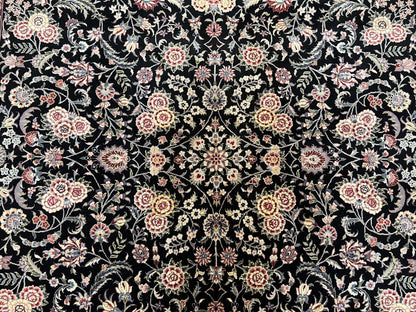 Pak Persian Rug 9x12, Floral Allover, Hand Knotted Oriental Carpet 9 x 12 ft, Black and Cream, Detailed, Wool with Silk Highlights, Vintage