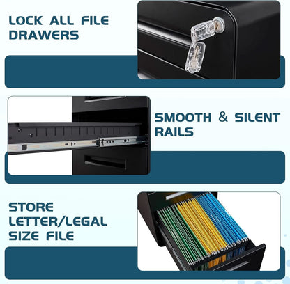 Mobile 3 Drawer Filing Cabinet With Lock Black Rolling