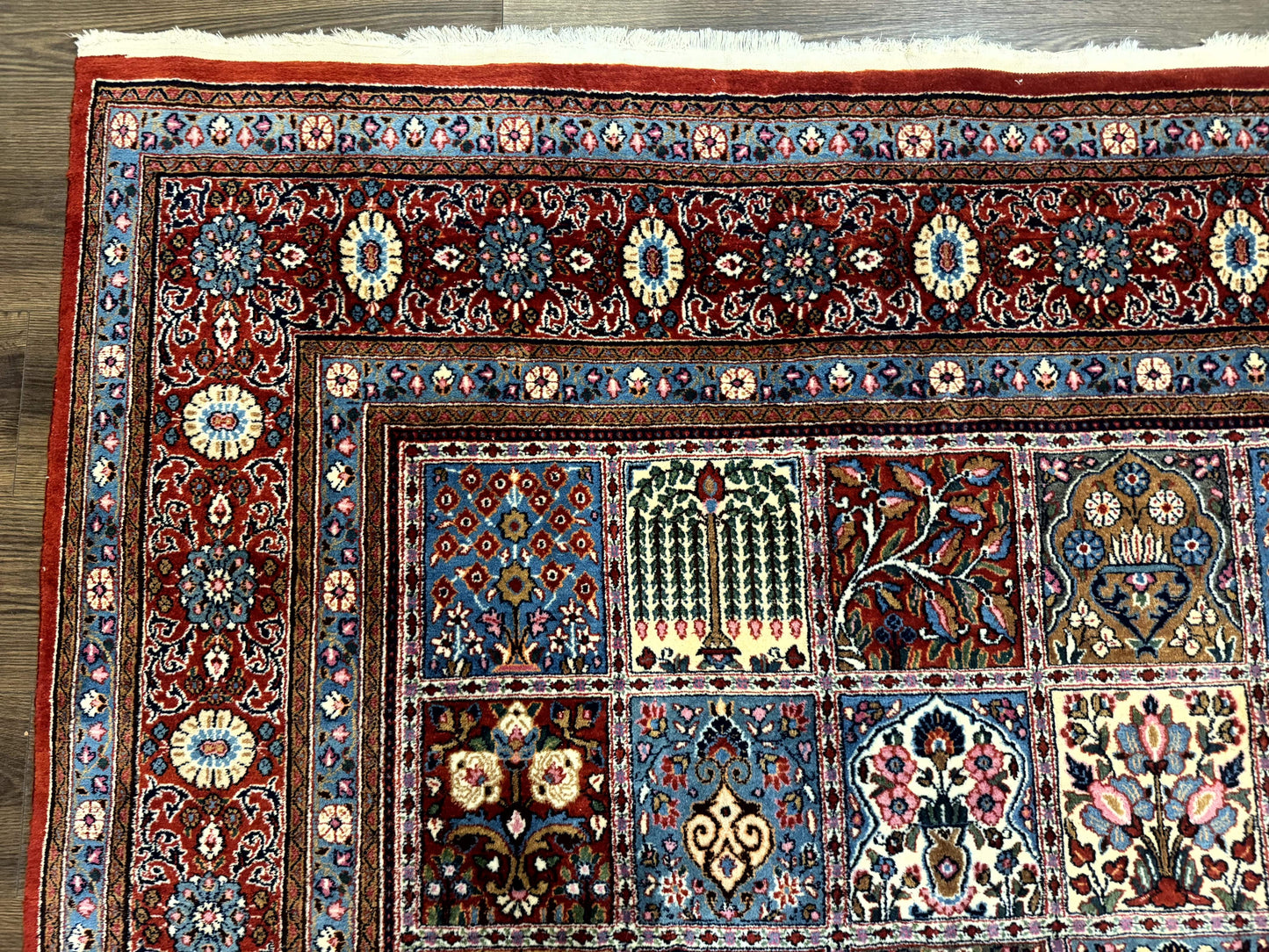 Wonderful Persian Qum Rug 10x13, Panel Design, Fine 260 KPSI, Signed, Red Multicolor