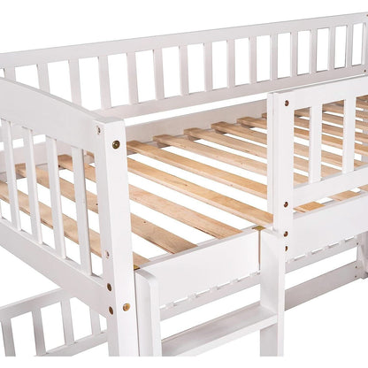 Twin Low Bunk Bed With Openable Fence And Slide White