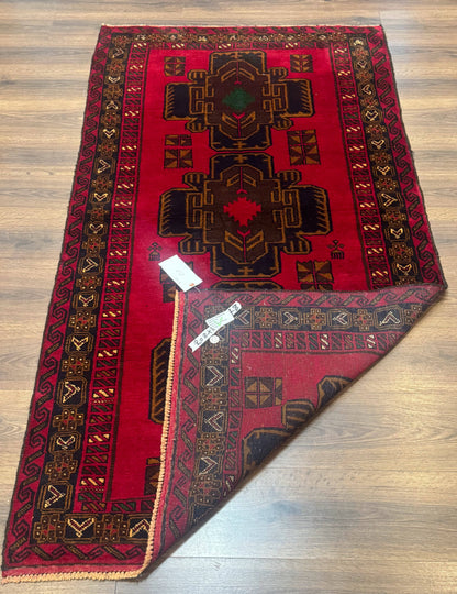 Red Afghan Balouch Rug 4x7, Triple Medallions, Handmade, New