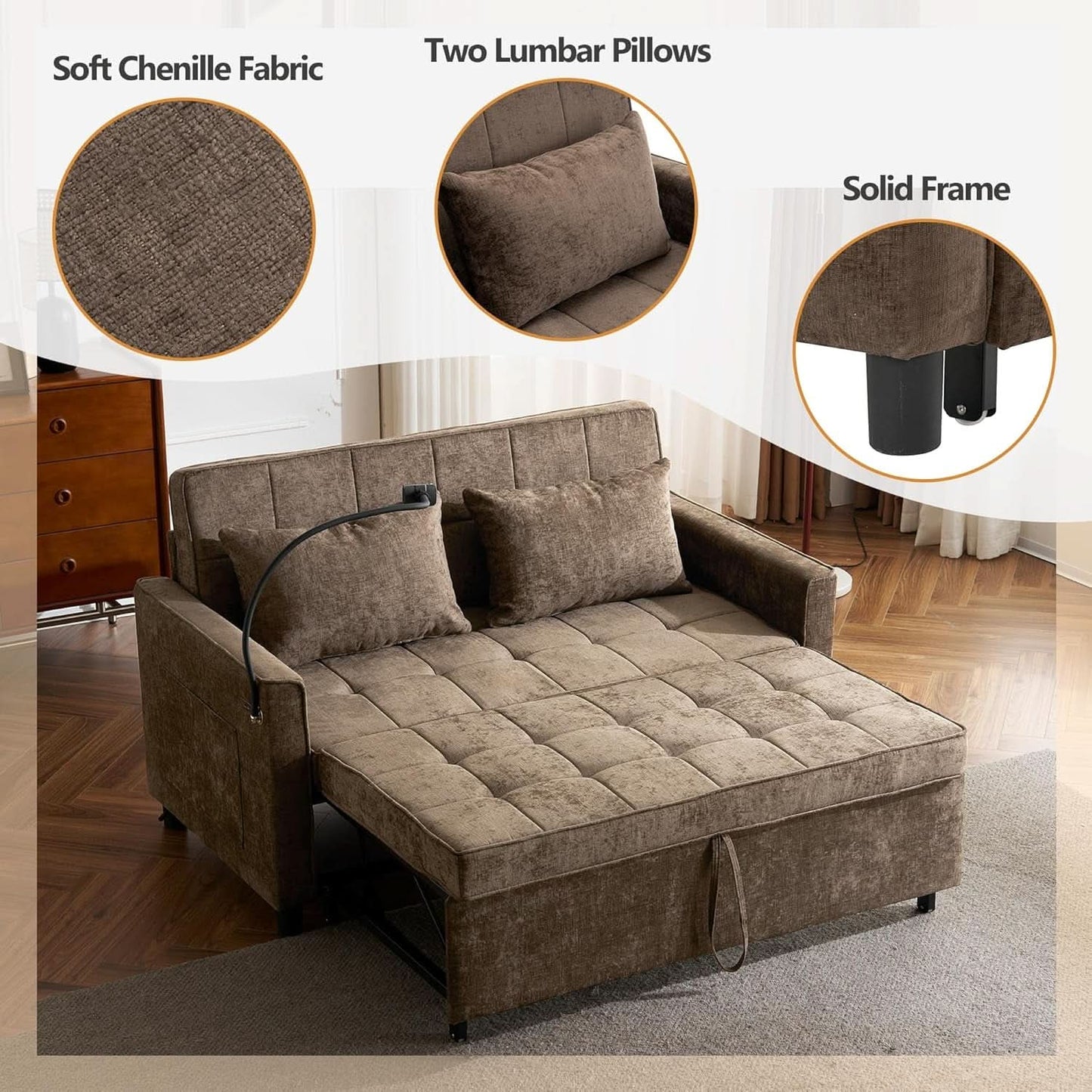 Premium Grade Ultra Chenille Sleeper Sofa With USB Ports