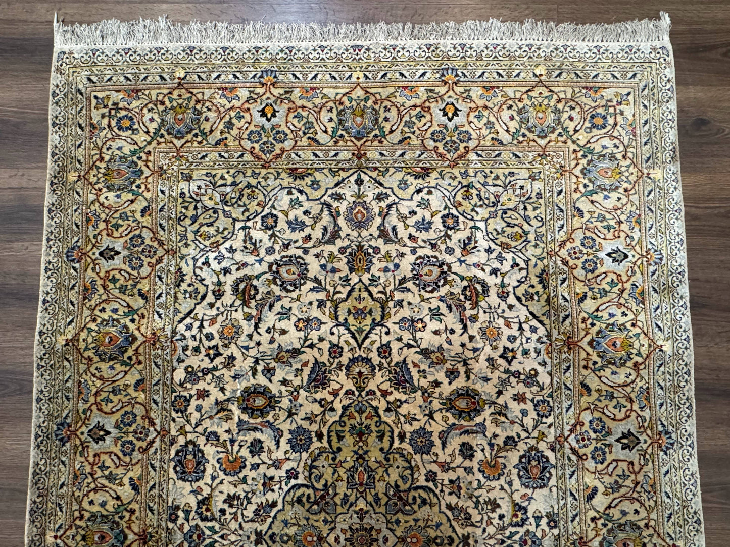 Rare Silk Persian Kashan Rug 4.6 x 7, Antique Fine 310 KPSI, Ivory