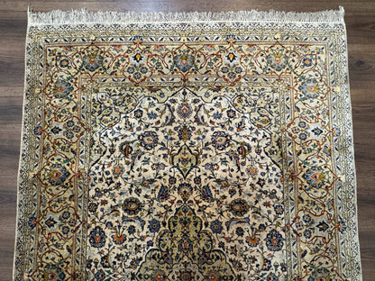 Rare Silk Persian Kashan Rug 4.6 x 7, Antique Fine 310 KPSI, Ivory