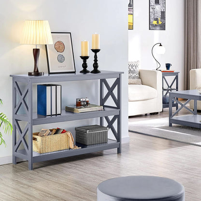 Gray Three Tier Console Table With Storage Shelves